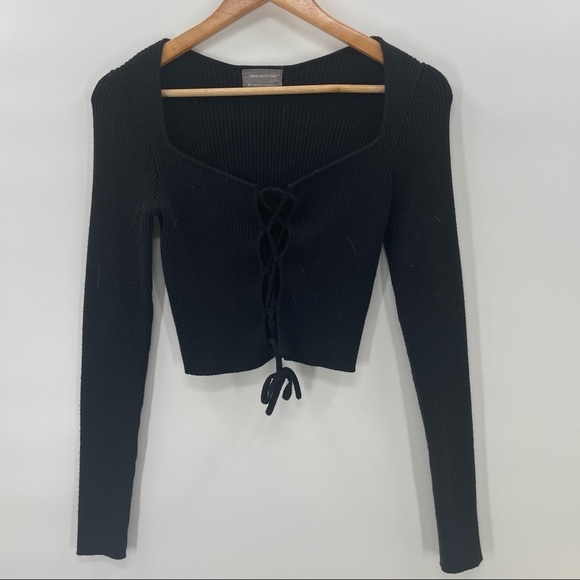 Urban Outfitters Sweaters - Urban Outfitters Black Y2K Grunge Square Neck Lace Up Cropped Sweater Size Small